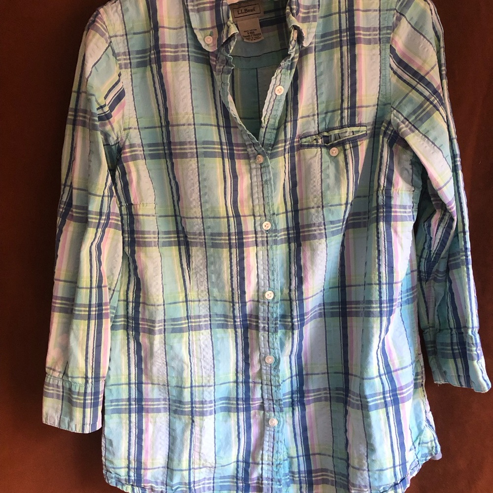 L.L. Bean Plaid Button-Down Shirt in Light Blue, Mint & Navy